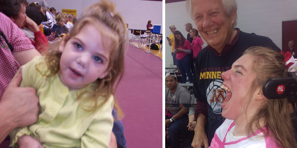 Cassidy and her grandpa at UMN volleyball game