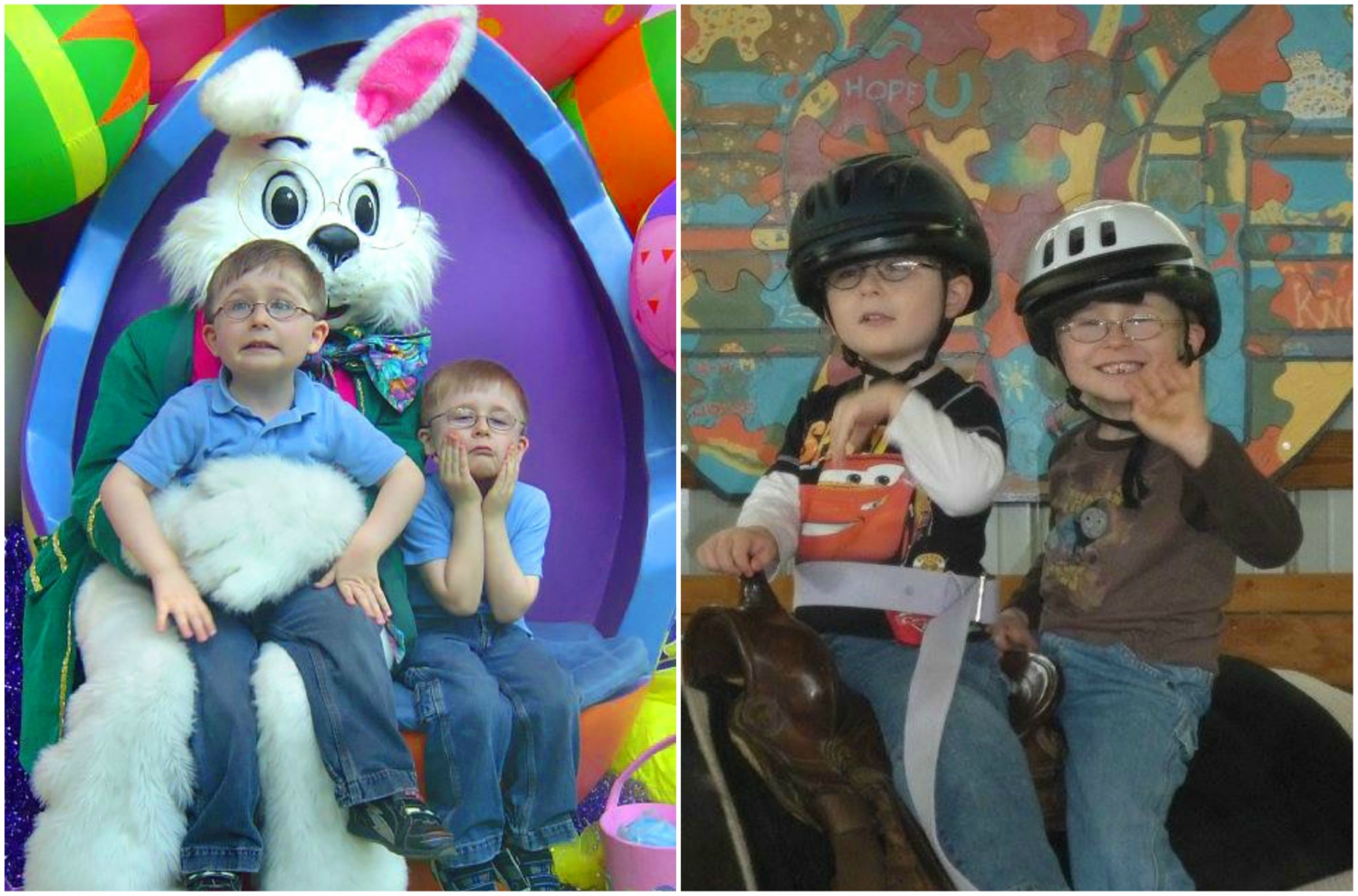 Joshua and Tyler as young children, on Easter and during horse therapy