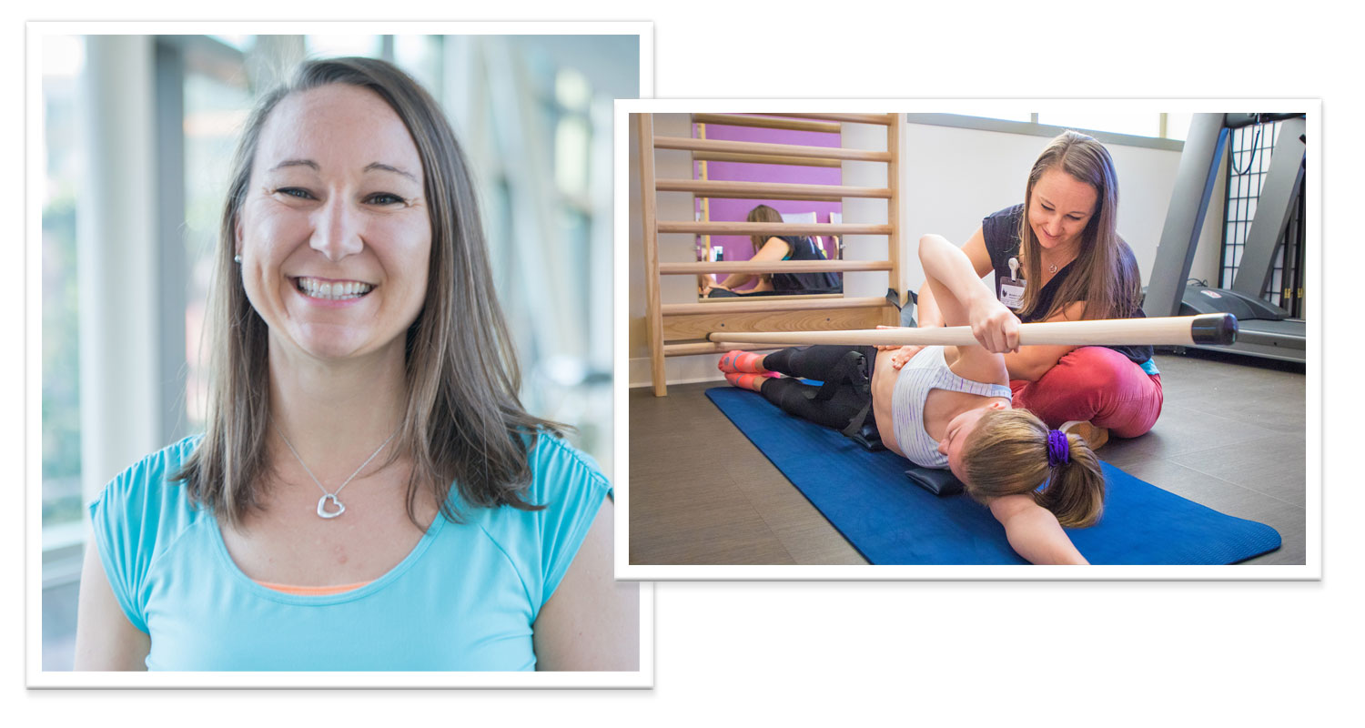 Gillette physical therapist Michelle Engberg helps a patient in the rehabilitation gym.