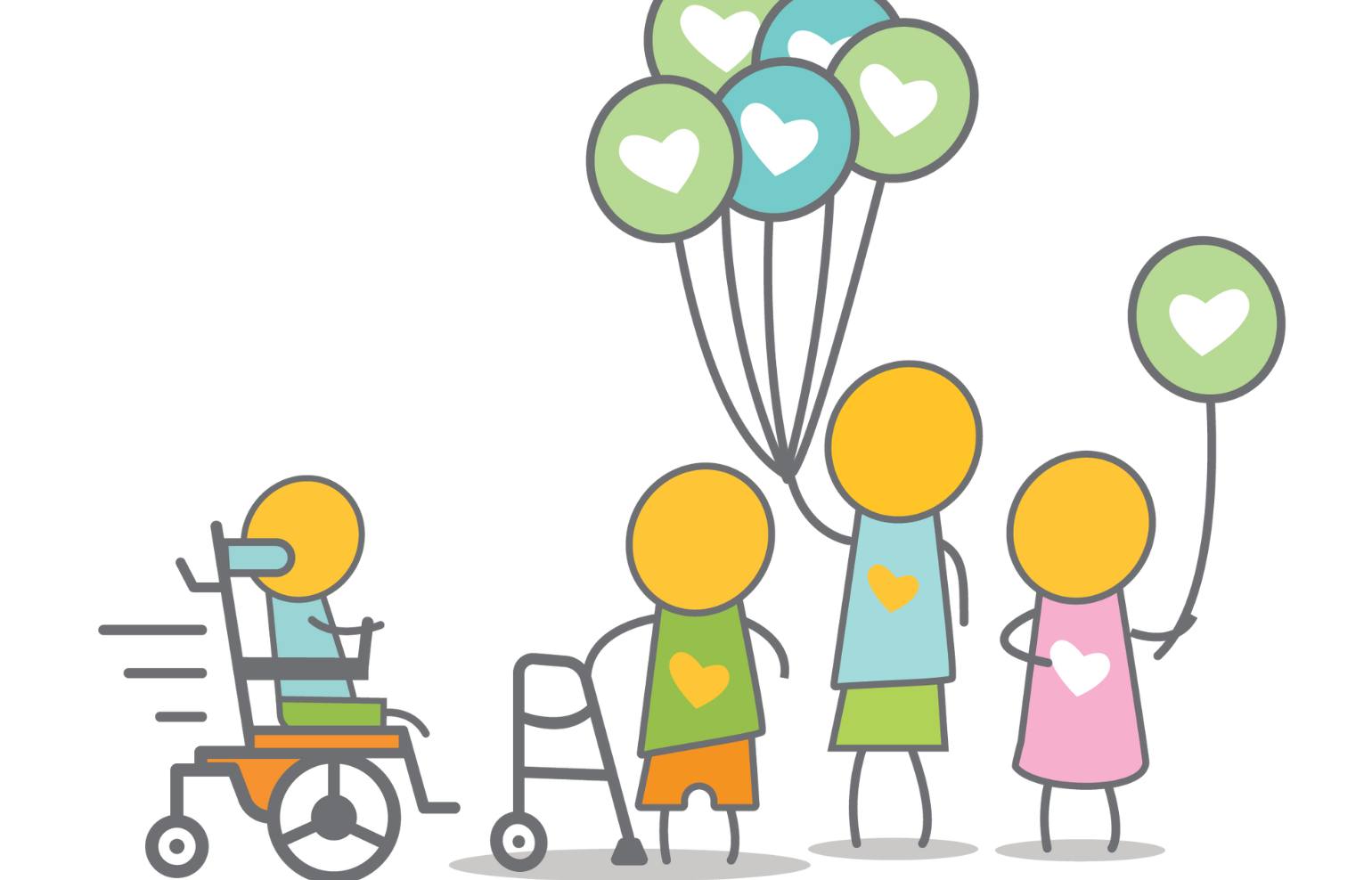 A community of humanoid emojis holding balloons with hearts in them. Image features three figures standing upright, one with a walker, and one seated in a wheelchair.