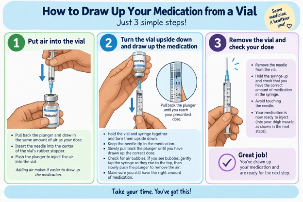 Instructions on how to draw up medication from a vial