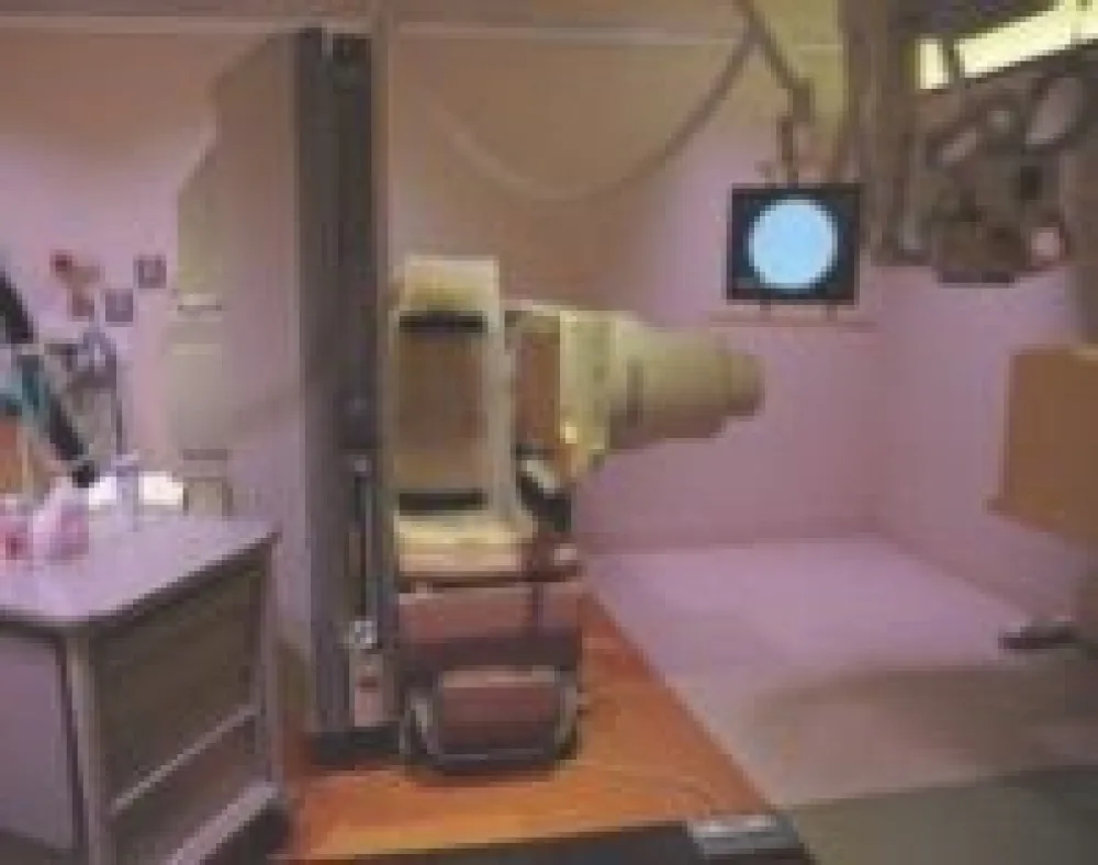 This image depicts a chair and imaging equipment used in the swallow study.