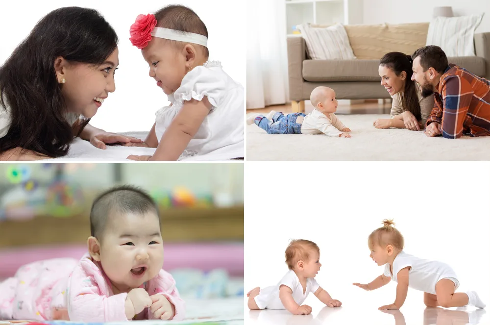 Photos of babies on their tummies.