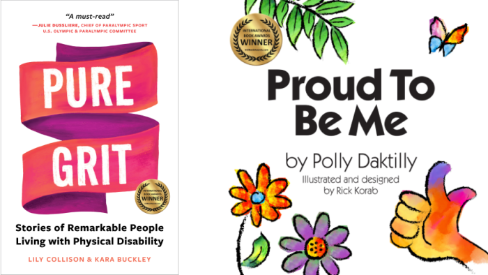 Pure Grit and Proud To Be Me book covers with 2026 International Book Awards category winner badges - Gillette Children's