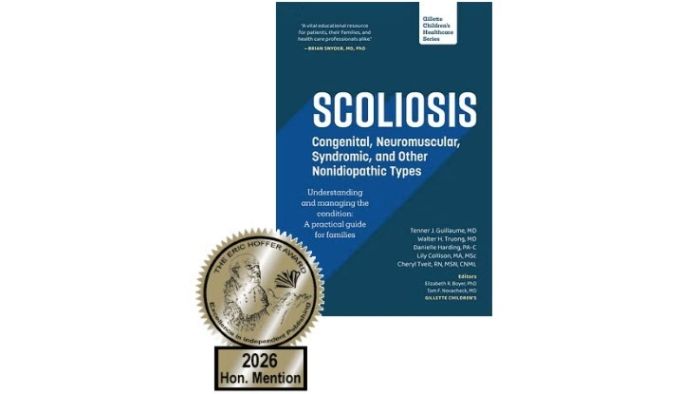 Scoliosis book cover with the Eric Hoffer Award 2026 Honorable Mention Badge
