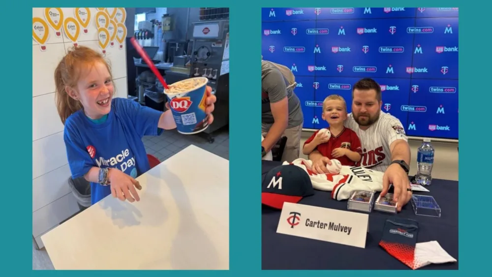 Child with DQ sunday and parents at Twins game - Gillette Children's