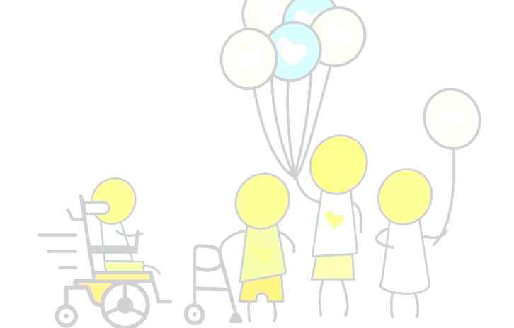 A community of humanoid emojis holding balloons with hearts in them. Image features three figures standing upright, one with a walker, and one seated in a wheelchair.